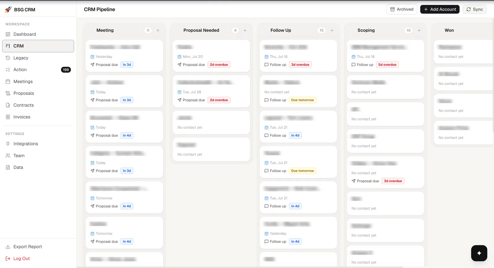 BSG CRM pipeline board with account names blurred